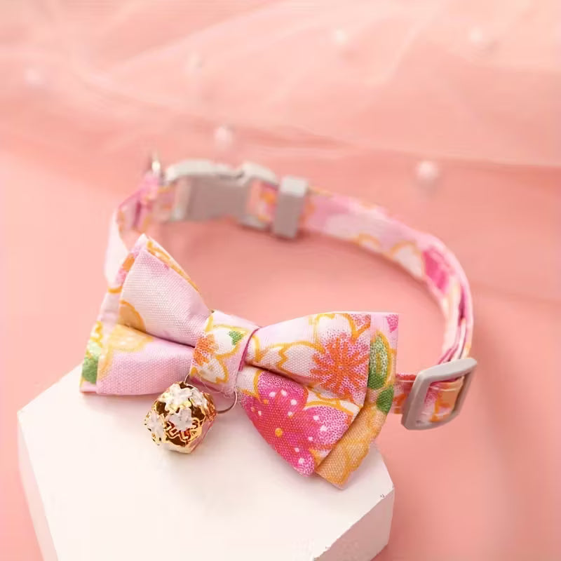 Cat Collar With Floral Print Bow Tie And Bell