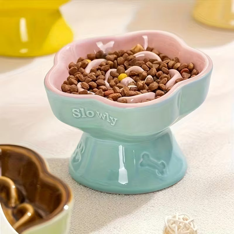 Ceramic Pink and Blue High-Footed Slow Feeder Pet Bowls