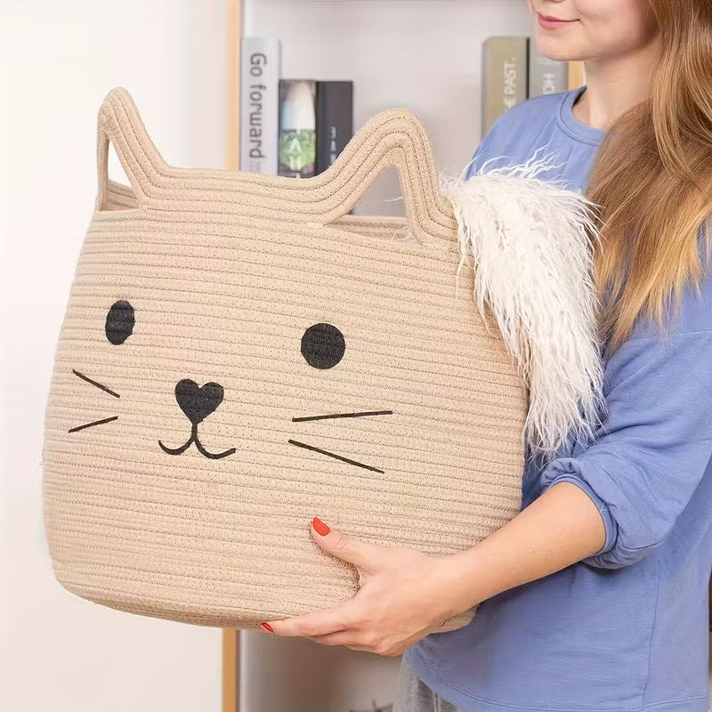 Woven Cat Shaped Storage Basket with Beige Cat Face Design