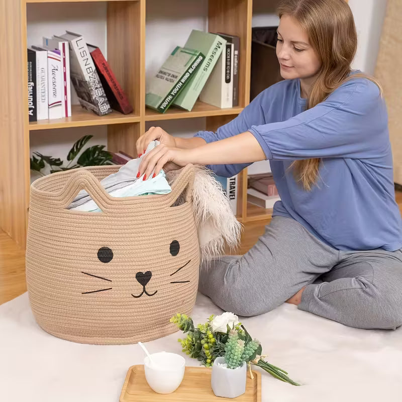 Woven Cat Shaped Storage Basket with Beige Cat Face Design