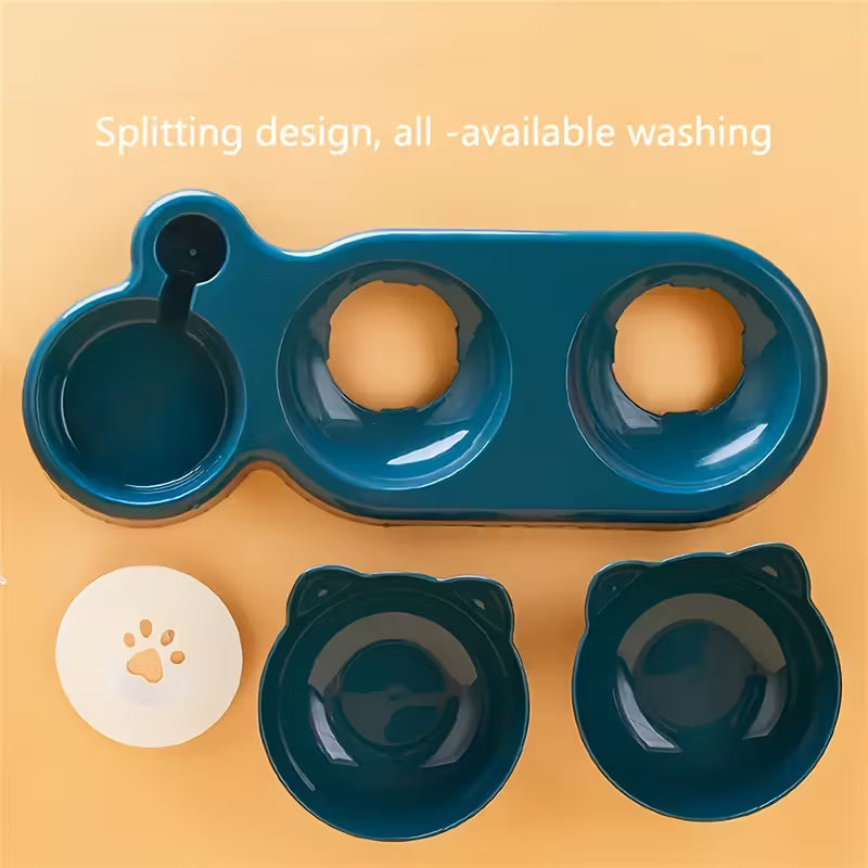 Blue Double Cat Plastic Bowls with Automatic Water Dispenser
