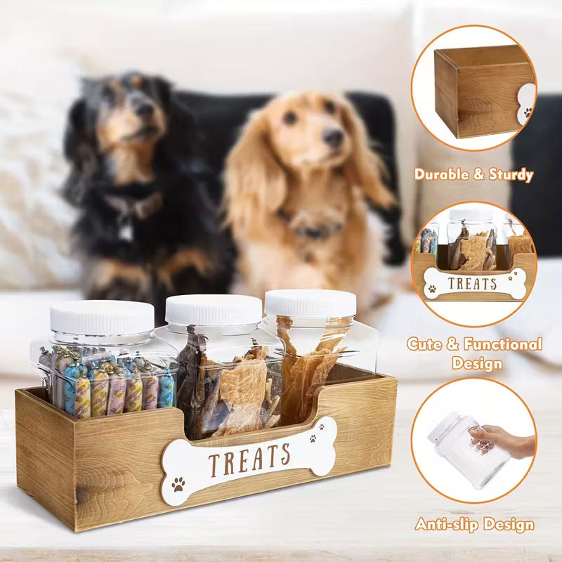 Wooden Dog Treat Storage Organizer with 3 Airtight Jars