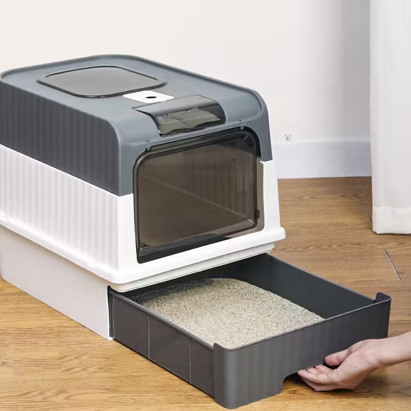 Cat Litter Box Flap Door and Top Entry with Litter Drawer