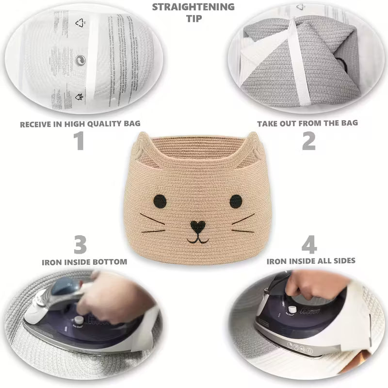 Woven Cat Shaped Storage Basket with Beige Cat Face Design