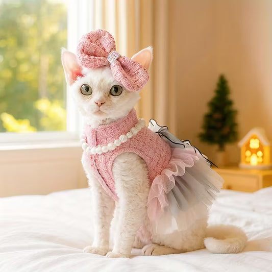 Princess Ruffled Dress with Matching Bow Headpiece & Pearl Necklace