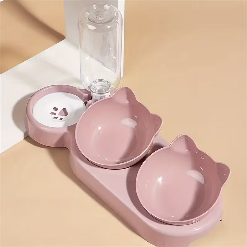 Pink Double Cat Plastic Bowls with Automatic Water Dispenser