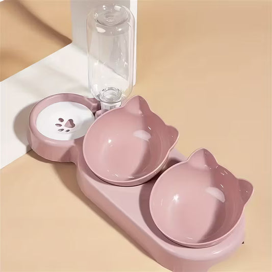 Pink Double Cat Plastic Bowls with Automatic Water Dispenser