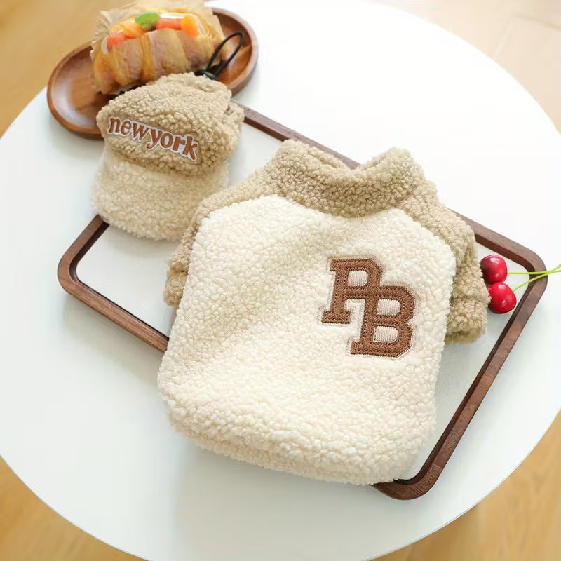 Beige & Brown Plush Coat & Cap