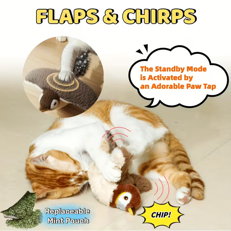 Interactive motorized plush bird cat toy with bird calls