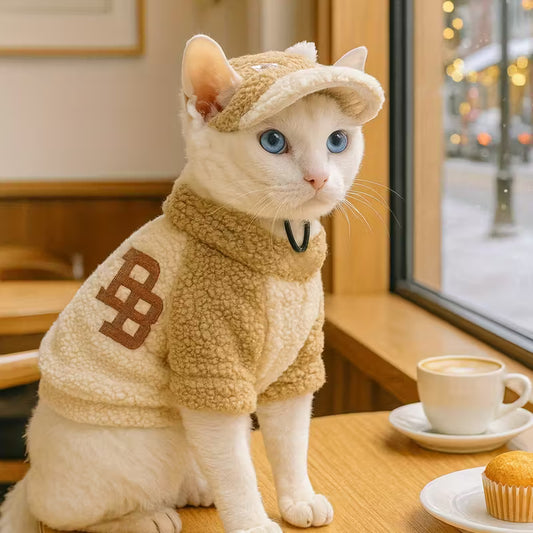 Beige & Brown Plush Coat & Cap