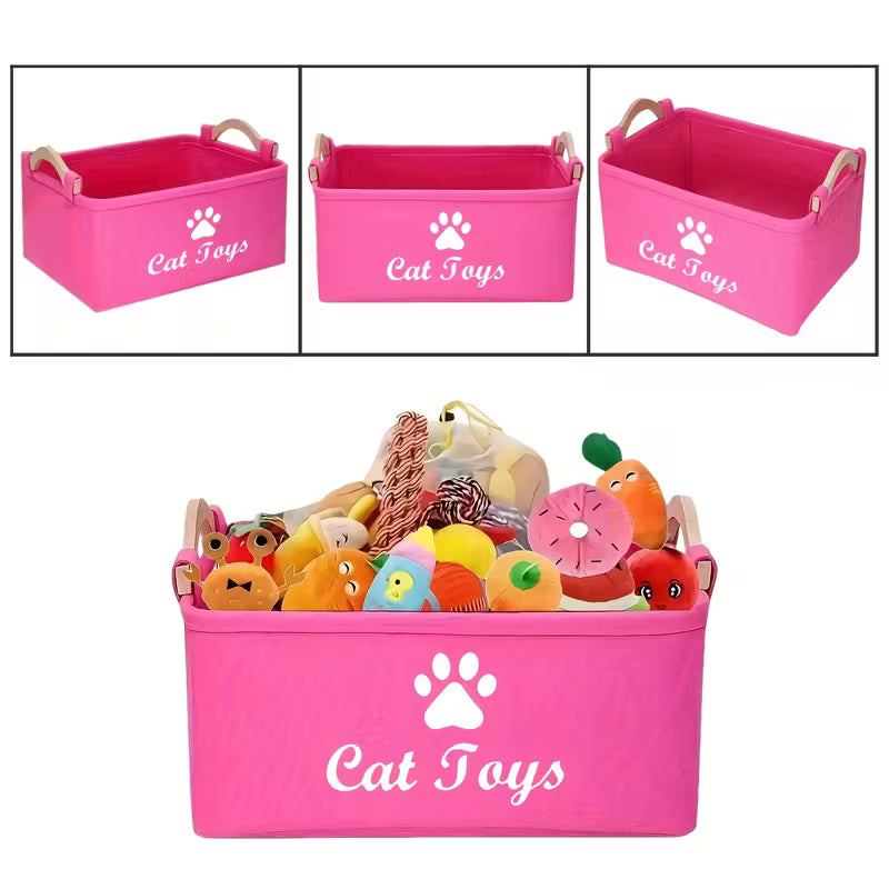 Pink Felt Cat Toy Storage Box with Wooden Handle