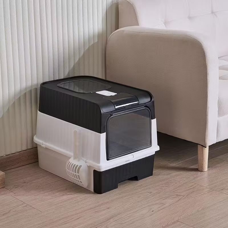 Cat Litter Box Flap Door and Top Entry with Litter Drawer