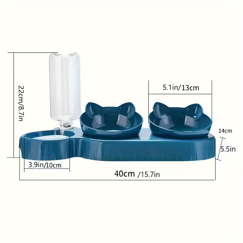 Blue Double Cat Plastic Bowls with Automatic Water Dispenser