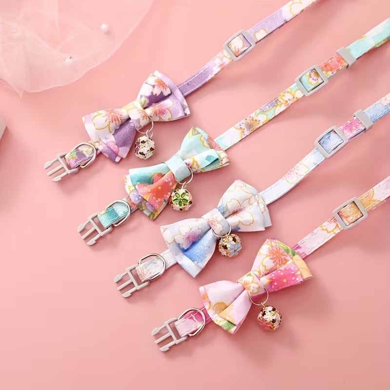 Cat Collar With Floral Print Bow Tie And Bell