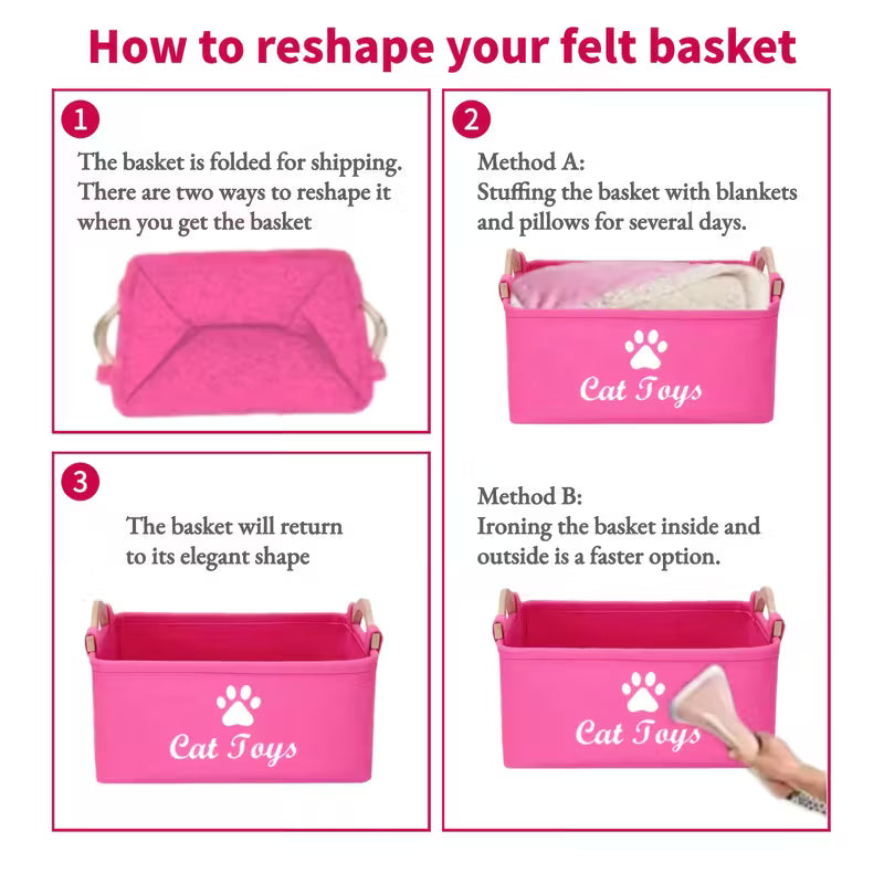 Pink Felt Cat Toy Storage Box with Wooden Handle