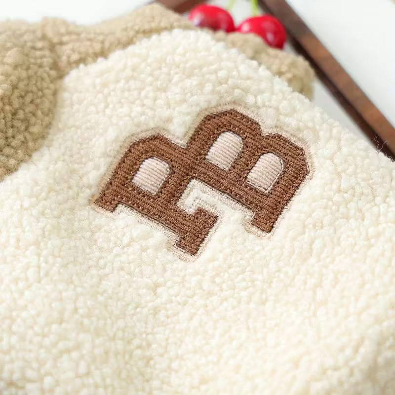 Beige & Brown Plush Coat & Cap