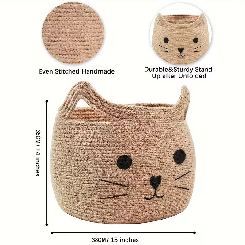 Woven Cat Shaped Storage Basket with Beige Cat Face Design