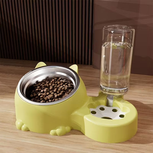 Elevated Yellow Cat Double Bowl With Water Dispenser