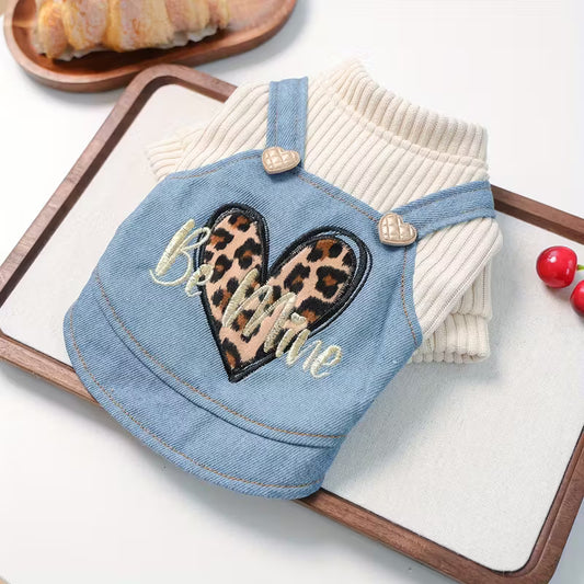 Cute denim overall Cat Top with heart BE MINE