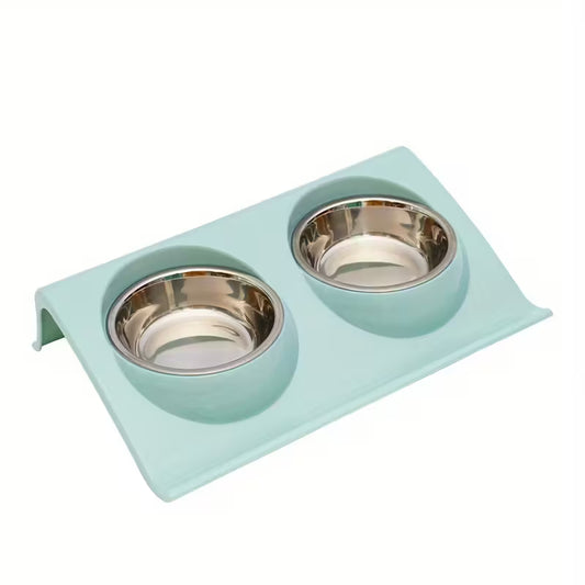Double Stainless Steel Blue Pet Bowl