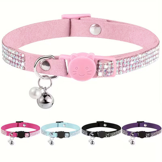 Cute Soft Rhinestone Cat Collar with Bell