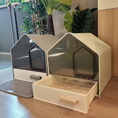 House Shaped Enclosed Cat Litter Box with Drawer and Matt