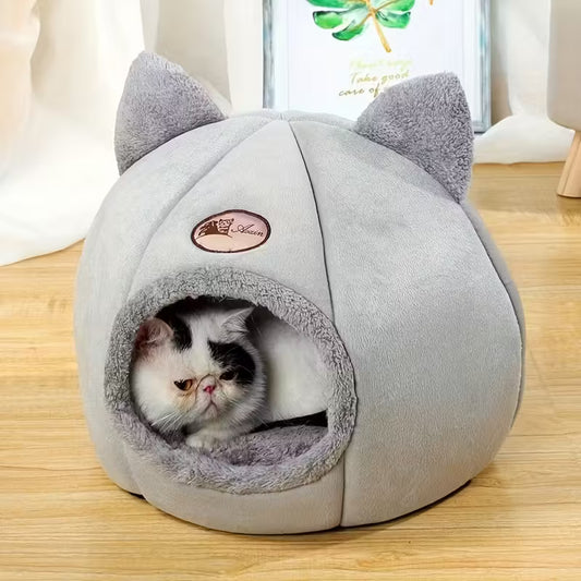 Cozy Grey Cat Cave Bed