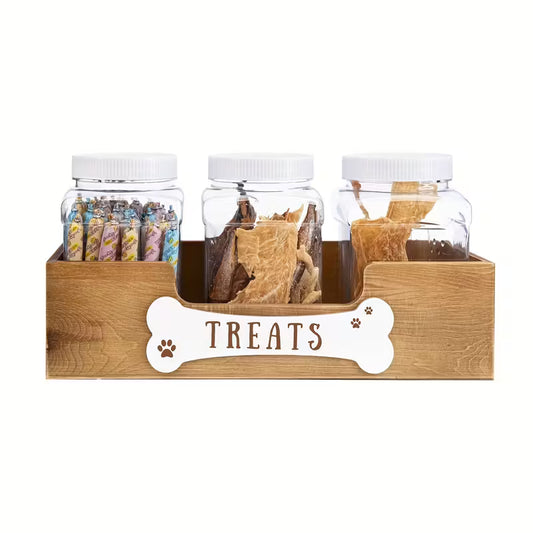 Wooden Dog Treat Storage Organizer with 3 Airtight Jars