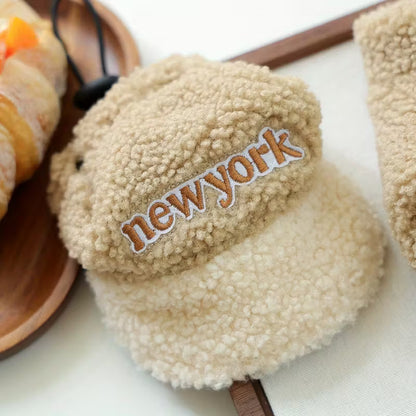 Beige & Brown Plush Coat & Cap