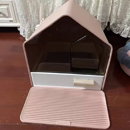 House Shaped Enclosed Cat Litter Box with Drawer and Matt