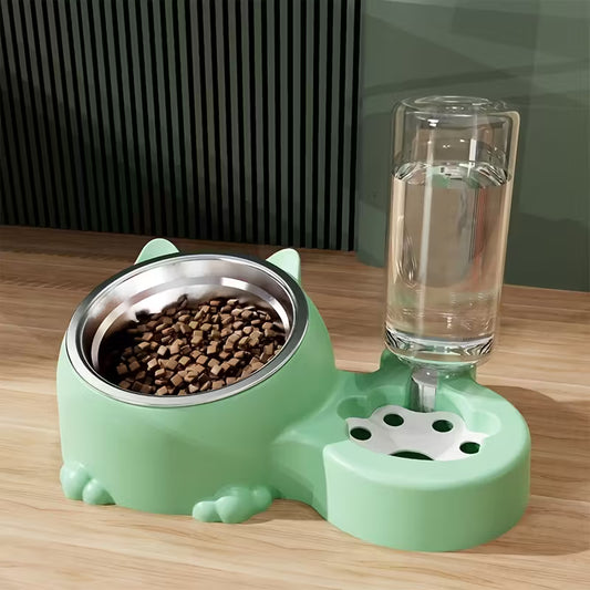 Elevated Green Cat Double Bowl With Water Dispenser