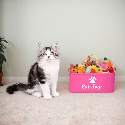 Pink Felt Cat Toy Storage Box with Wooden Handle