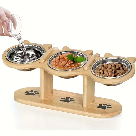 Elevated wood cat feeder with three bowls