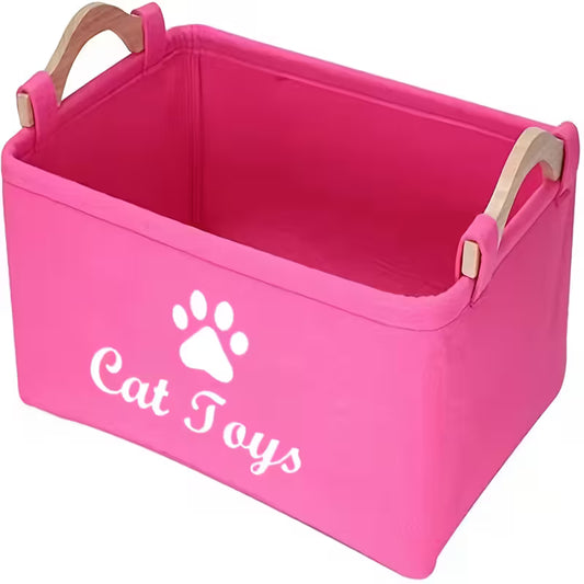 Pink Felt Cat Toy Storage Box with Wooden Handle