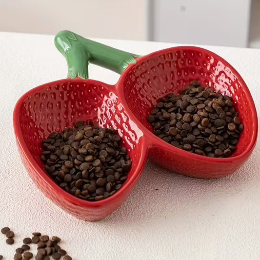 Elevated Ceramic Strawberry Cat Double Bowl
