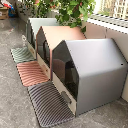 House Shaped Enclosed Cat Litter Box with Drawer and Matt