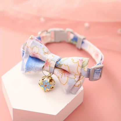 Cat Collar With Floral Print Bow Tie And Bell
