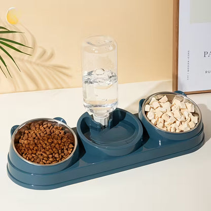 Two In-One Stainless Steel Blue Pet Bowl Set