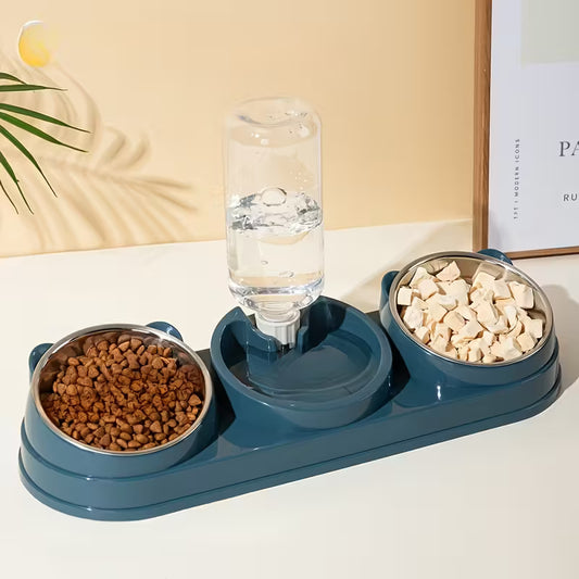 Two In-One Stainless Steel Blue Pet Bowl Set