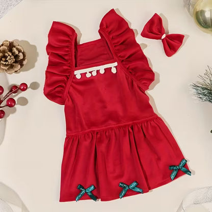 Red Cat Dress with Ruffled Bodice & Flared Bow
