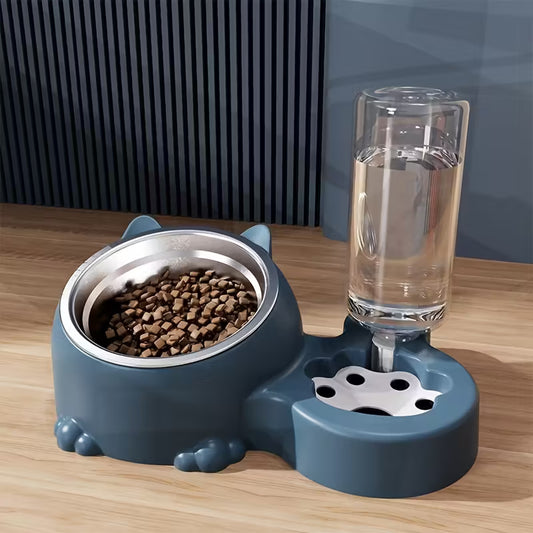 Elevated Blue Cat Double Bowl With Water Dispenser