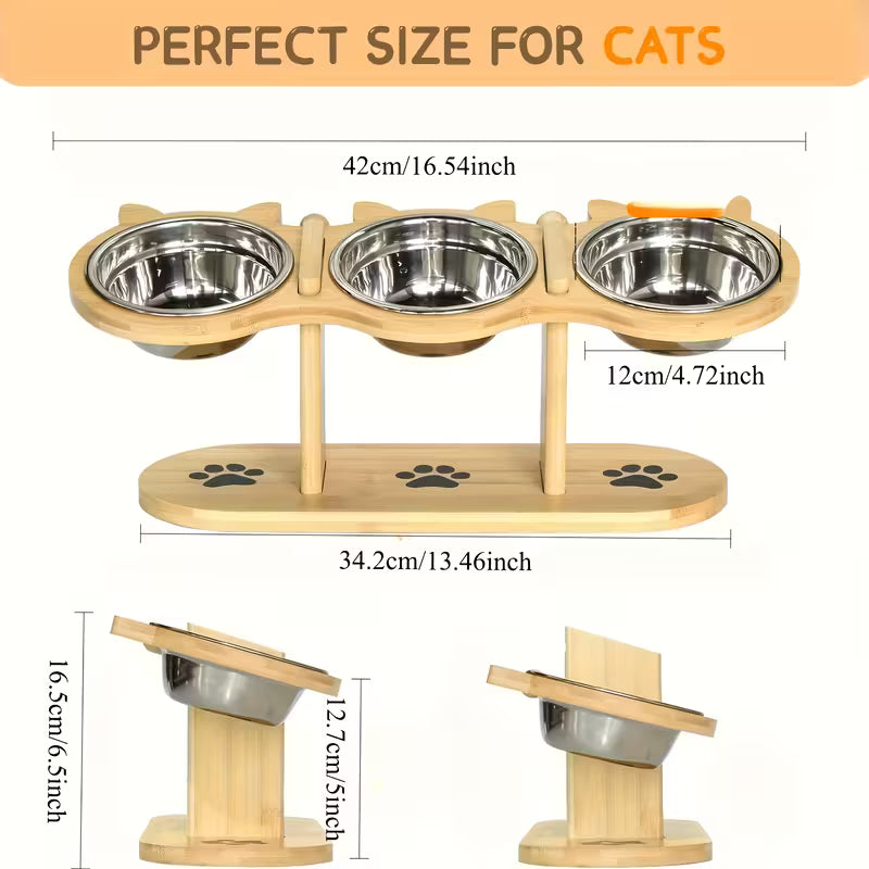 Elevated wood cat feeder with three bowls