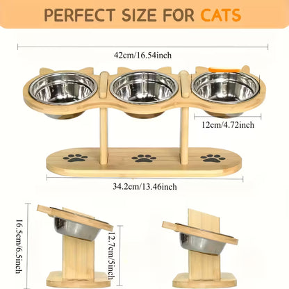 Elevated wood cat feeder with three bowls