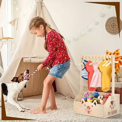 Wooden Pet Closet Organizer with Hanging Rack and Storage Box