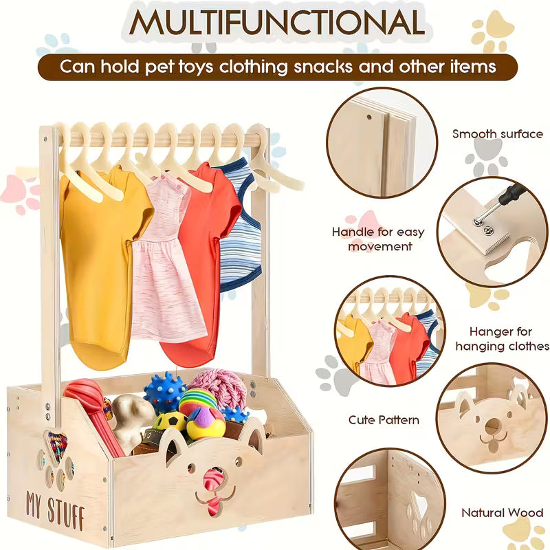 Wooden Pet Closet Organizer with Hanging Rack and Storage Box