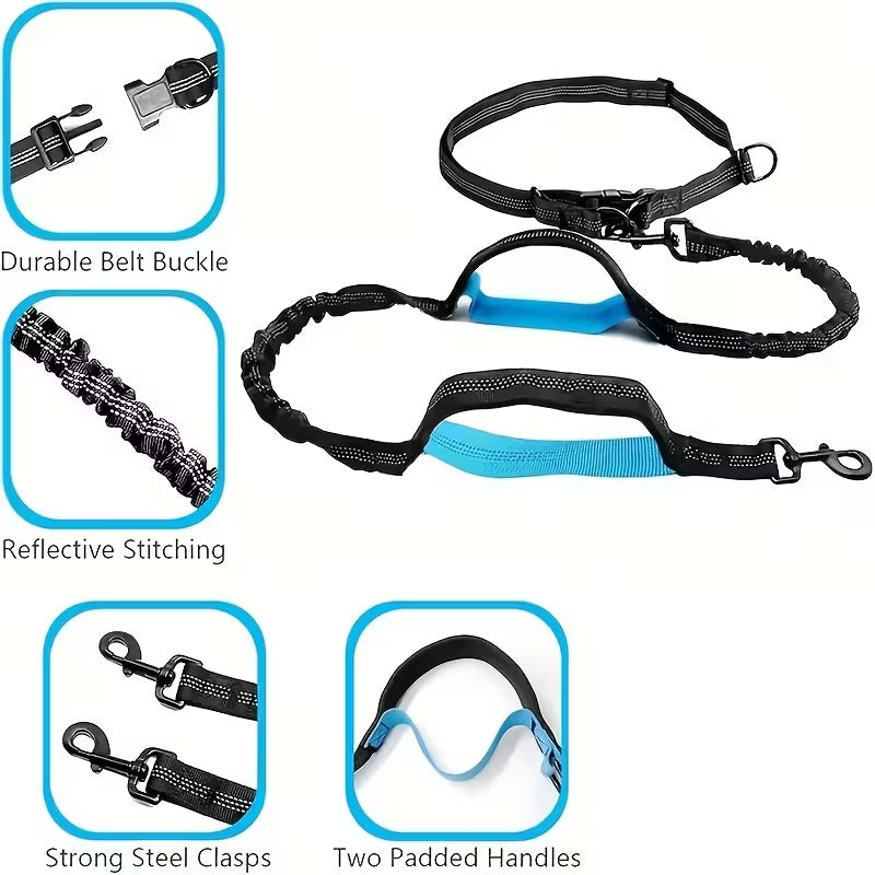 Adjustable Hands-Free Dog Running Leash with Double Handles & Elastic Retractable Rope