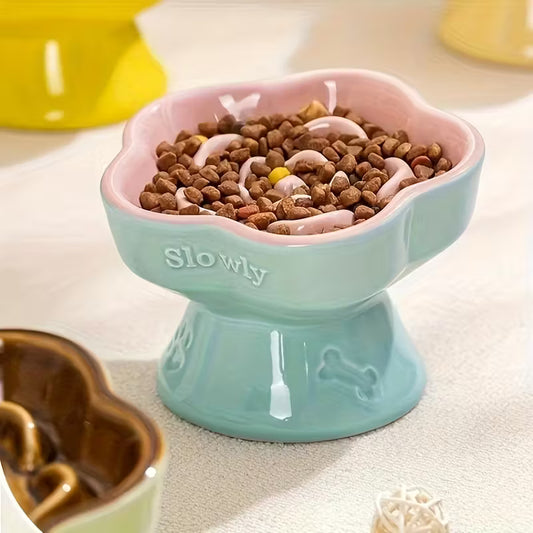 Ceramic Pink and Blue High-Footed Slow Feeder Pet Bowls