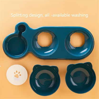 Blue Double Cat Plastic Bowls with Automatic Water Dispenser