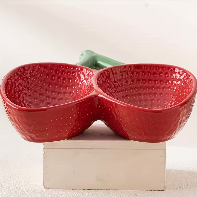 Elevated Ceramic Strawberry Cat Double Bowl