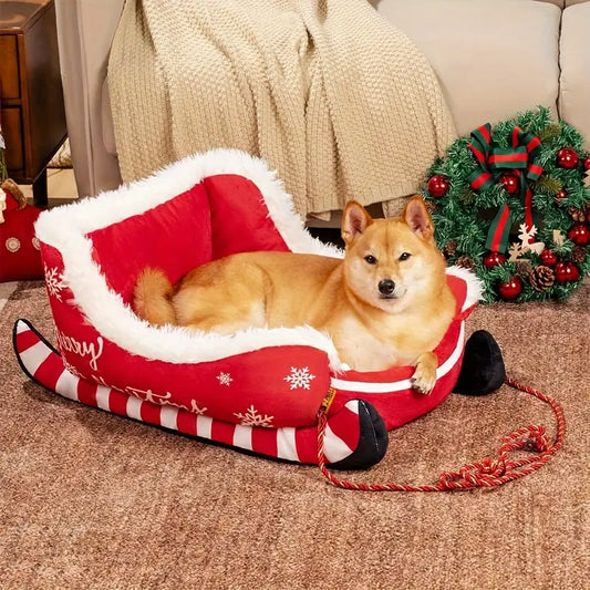 Festive Christmas Plush Sled Dog Bed